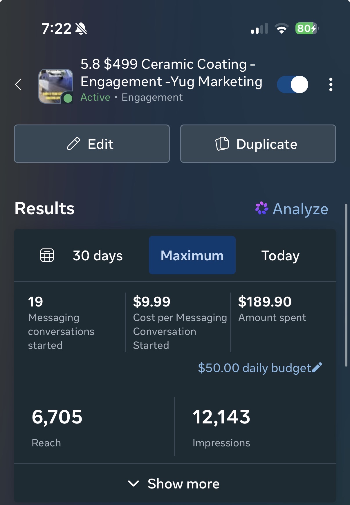 Meta Ads Manager — client $499 ceramic coating campaign: 19 conversations, $9.99 cost per conversation, $50/day budget