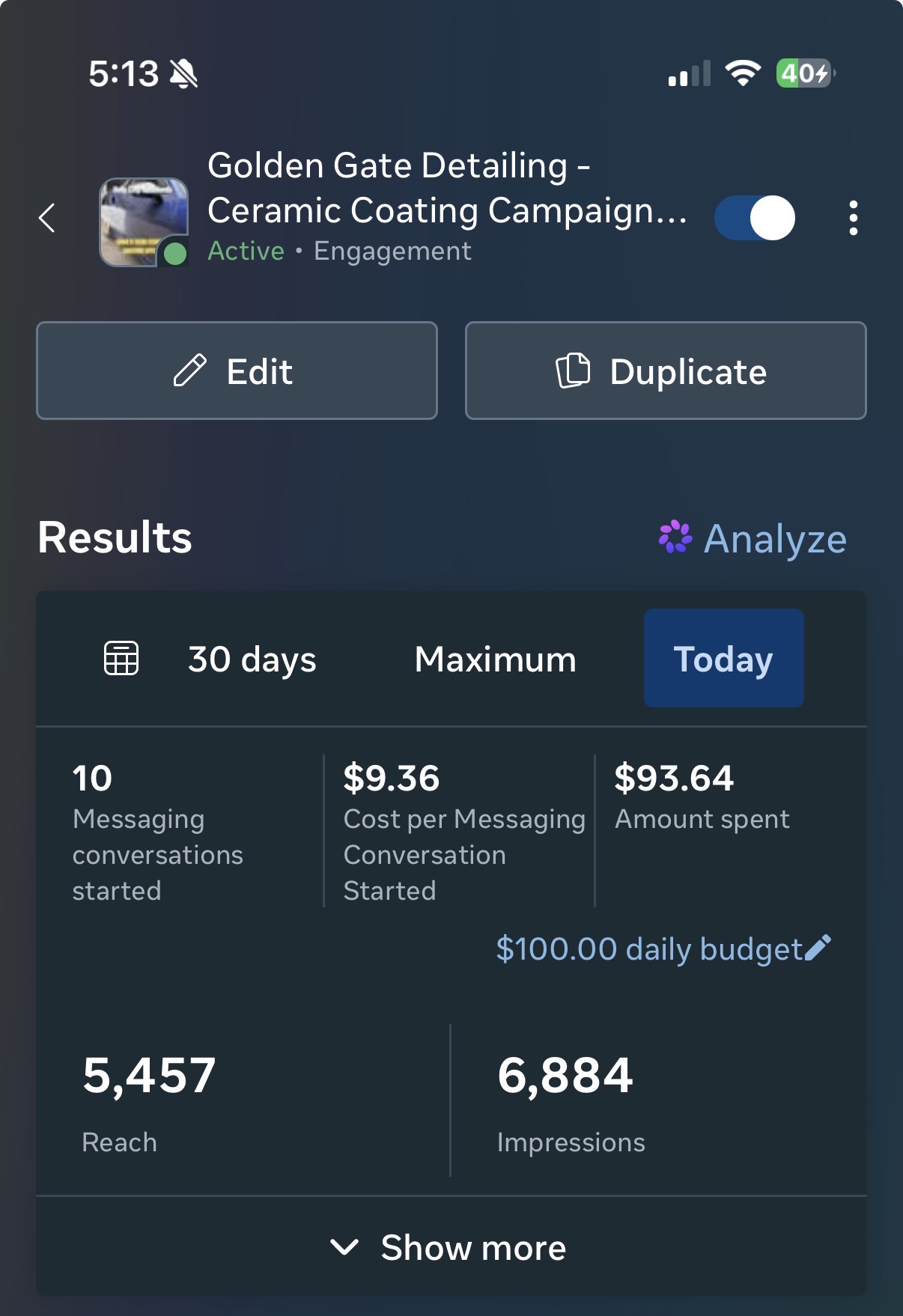 Meta Ads Manager — my own detailing shop's ceramic coating campaign: 10 conversations, $9.36 cost per conversation, $100/day budget