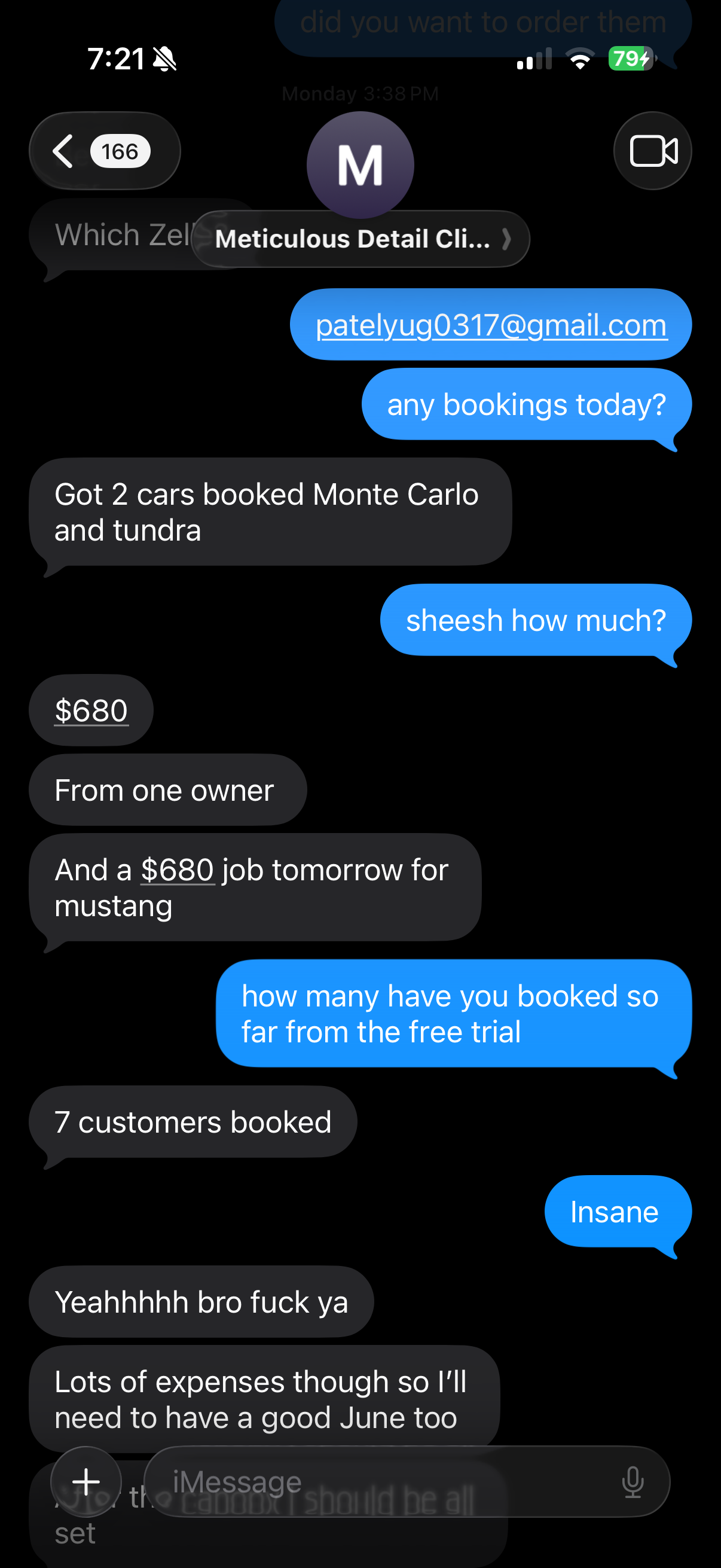 DM testimonial — Meticulous Detail Cleaning: 7 customers booked from free trial, 2 cars at $680 each