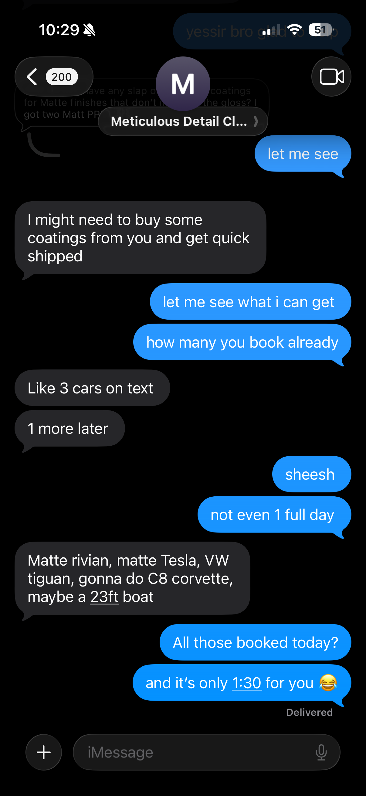 DM testimonial — Meticulous Detail Cleaning: matte Rivian, matte Tesla, VW Tiguan, C8 Corvette, boat all booked by 1:30 PM